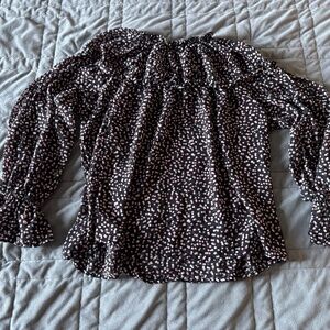 Who What Wear L Black with Pink and White Polka Dot Long Sleeve Blouse